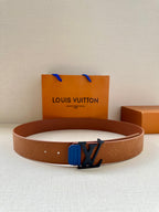 Brown leather belt with embossed logo pattern and blue LV buckle, pin holes visible