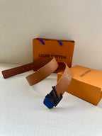 Brown belt with blue LV buckle, shown with strap end and adjustment holes
