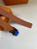 Brown belt strap with blue LV buckle and multiple adjustment holes along the band
