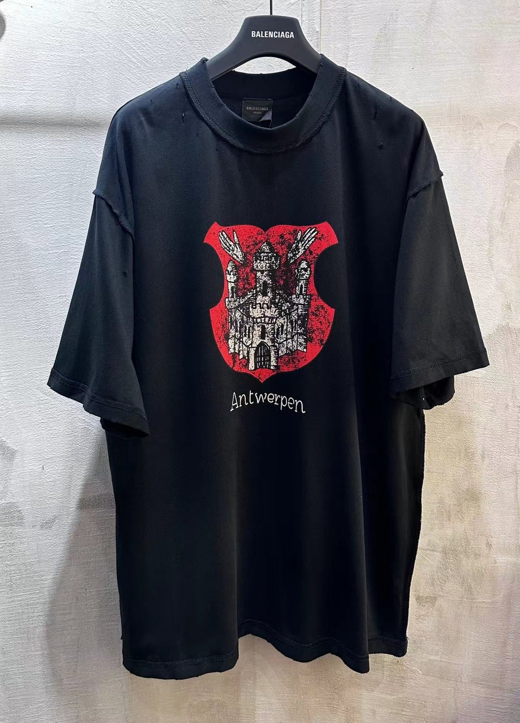 Balenciaga short-sleeve T-shirt, black with red Antwerpen graphic at chest