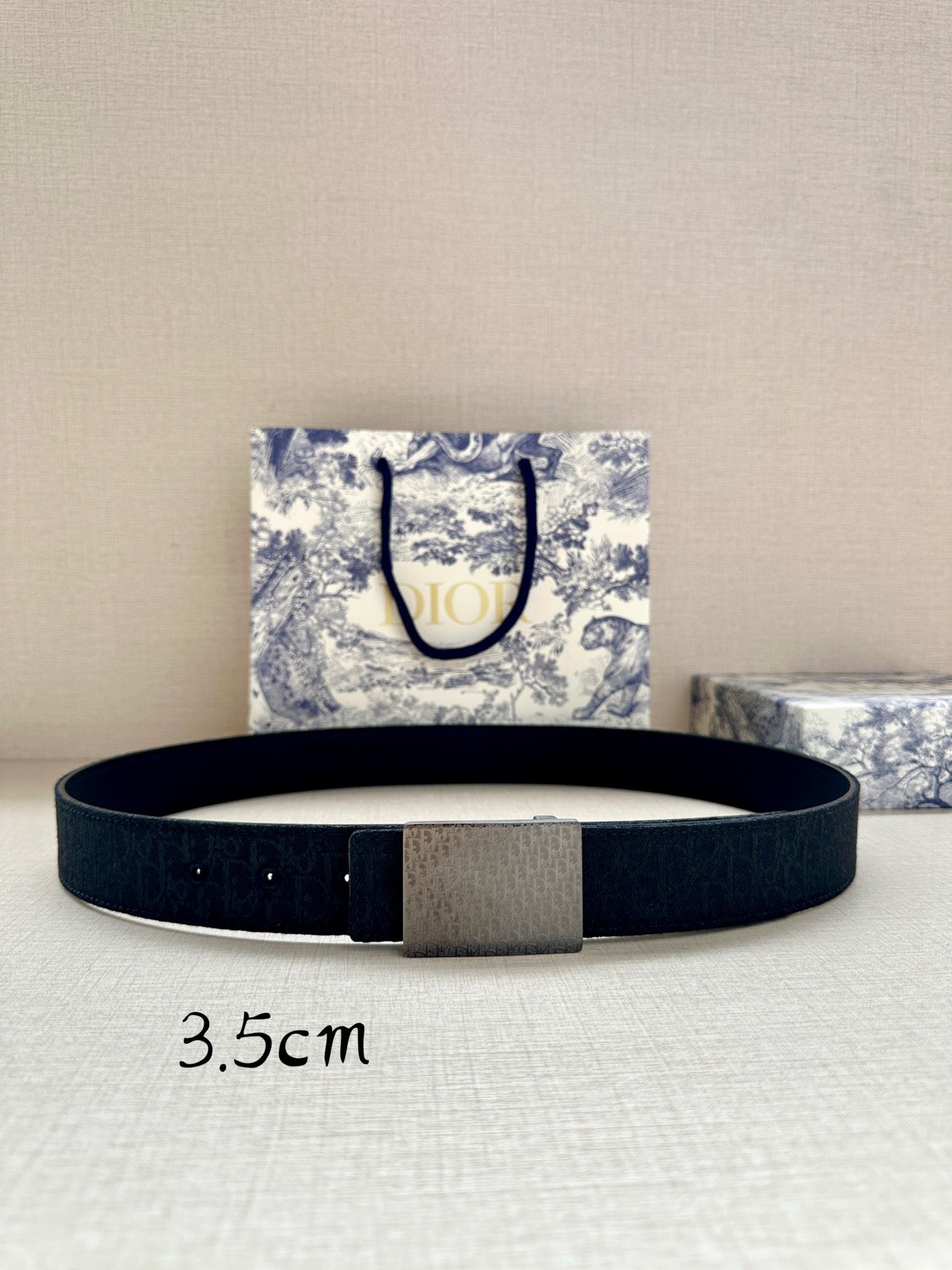 Dior belt with dark leather strap and silver rectangular buckle, flat lay.