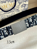Dior belt close-up: blue-and-black logo jacquard strap with gray rectangular buckle, 3.5cm