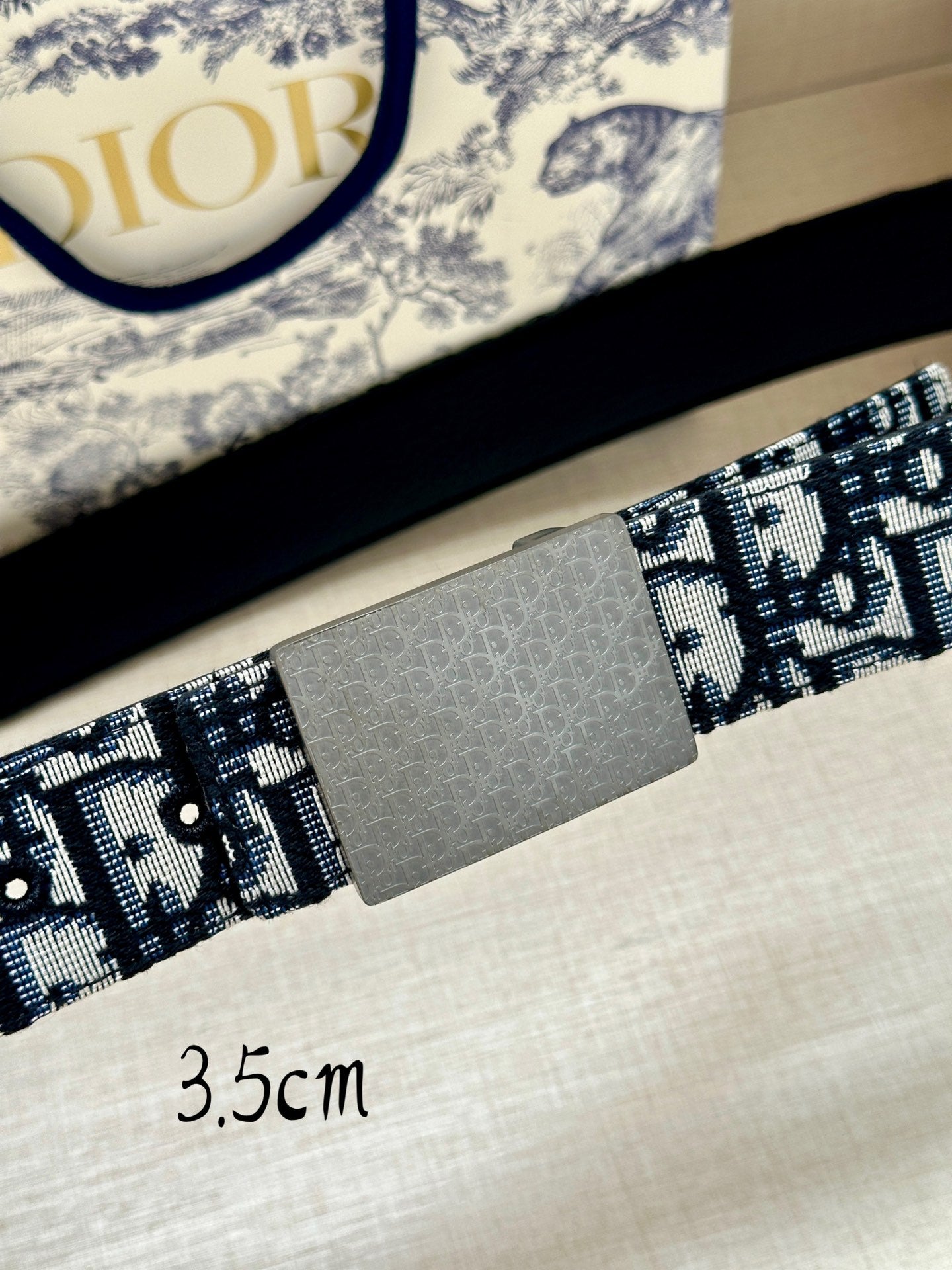 Dior belt close-up: blue-and-black logo jacquard strap with gray rectangular buckle, 3.5cm