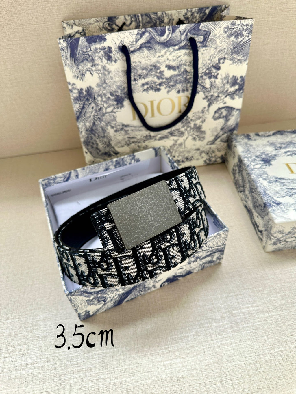 Dior belt in box, blue logo jacquard strap with gray rectangular buckle, 3.5cm