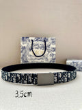 Dior belt with blue-and-black logo jacquard strap, dark buckle, 3.5cm width