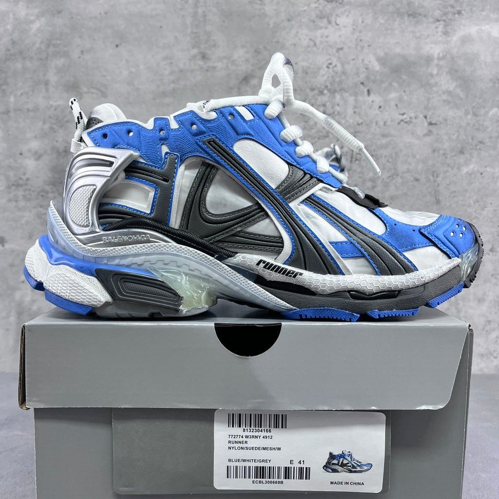 Balenciaga unisex sneakers, white and blue with silver and black accents on box