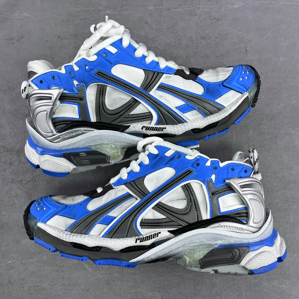 Balenciaga unisex sneakers in white, blue, and black with chunky runner sole
