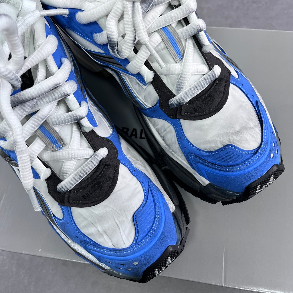 Balenciaga unisex sneakers upper close-up with white laces and blue panels