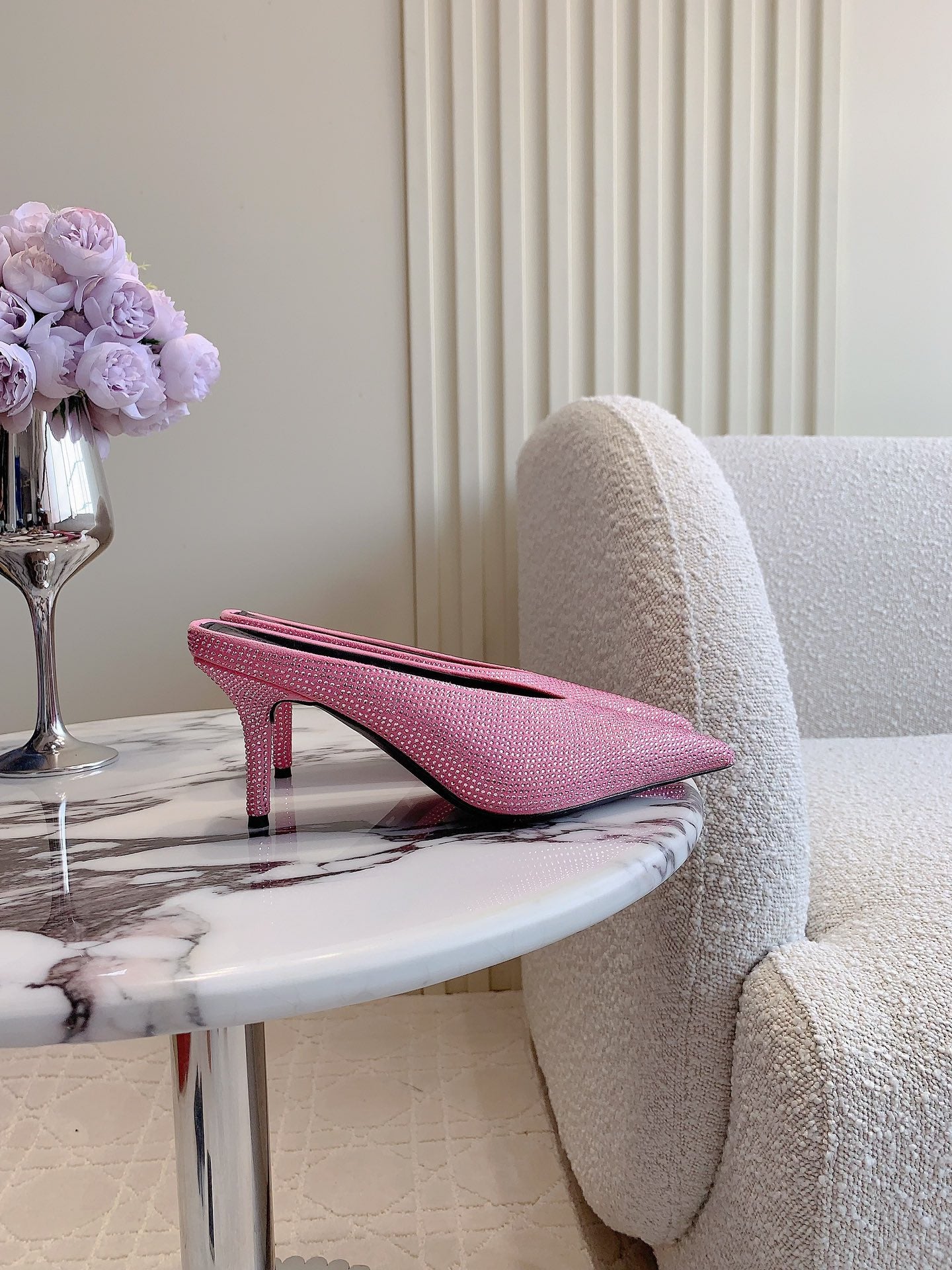 Pink crystal-embellished pointed-toe mule with cutout opening and stiletto heel
