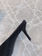 Black Balenciaga rhinestone stiletto mule heel detail, side view