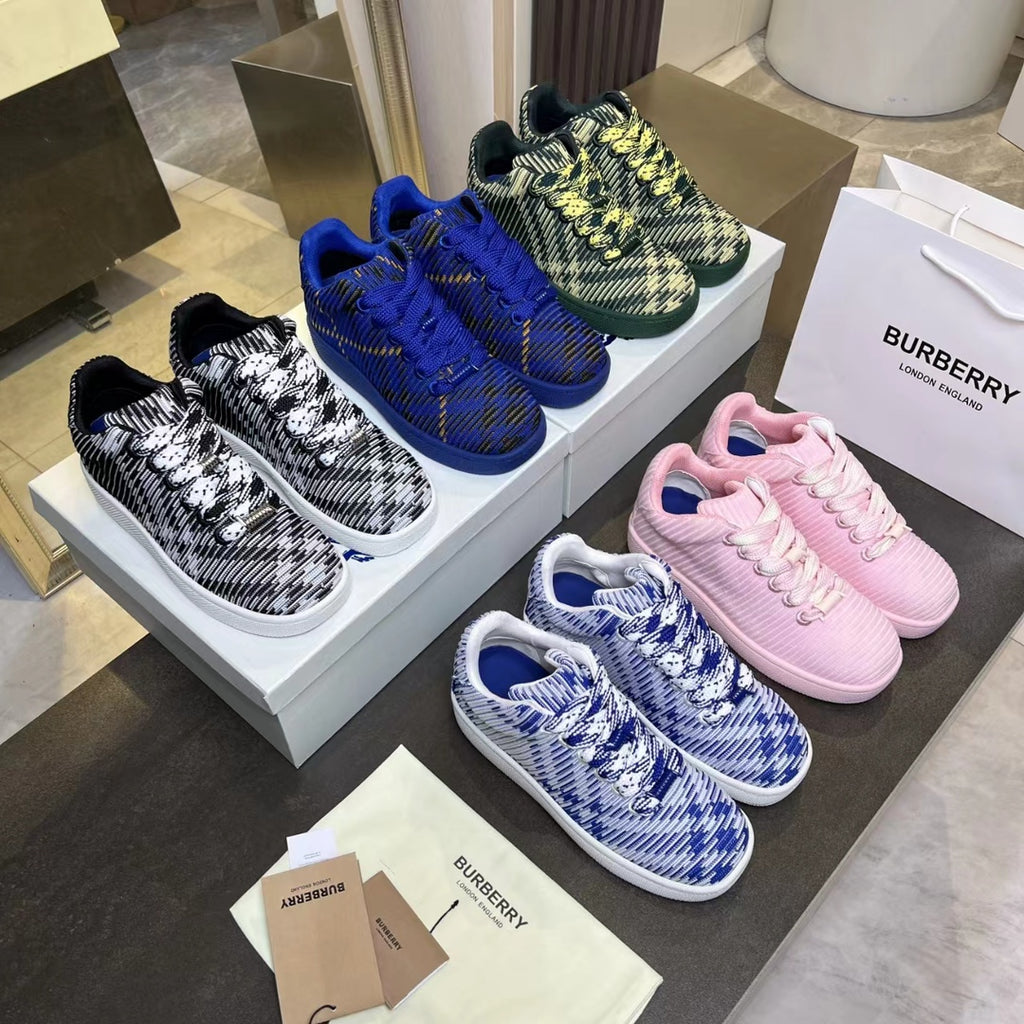 Assorted Burberry knit sneakers: black, royal blue, and pink plaid with lace-up design