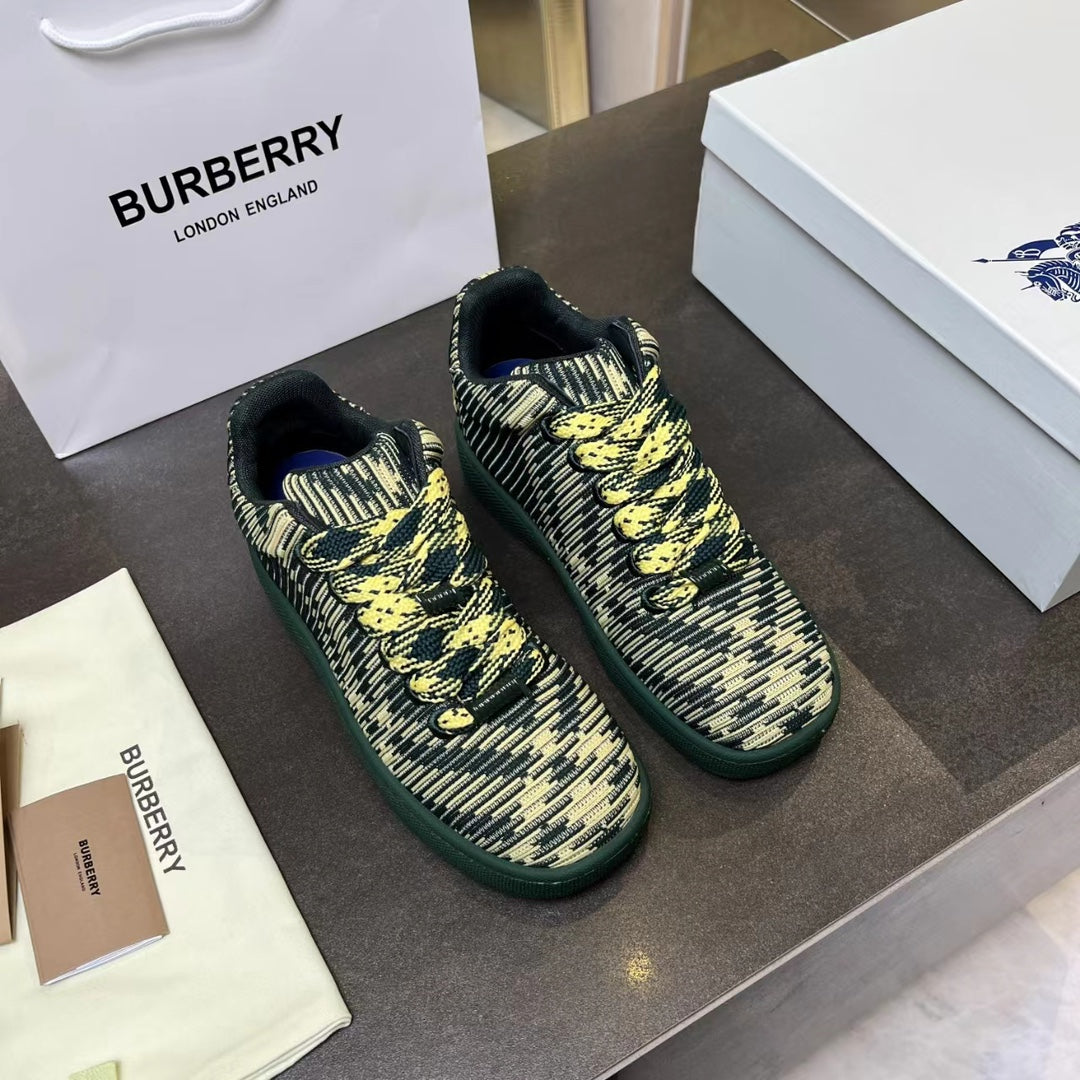 Burberry knit sneakers in dark green with yellow pattern, lace-up design