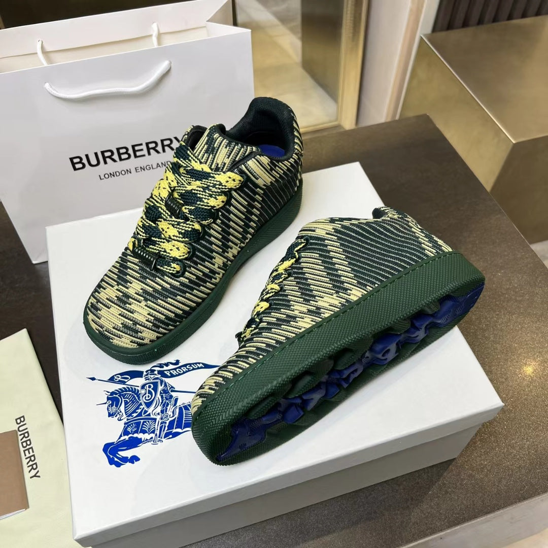 Burberry knit sneakers, green outsole with yellow patterned uppers, lace-up