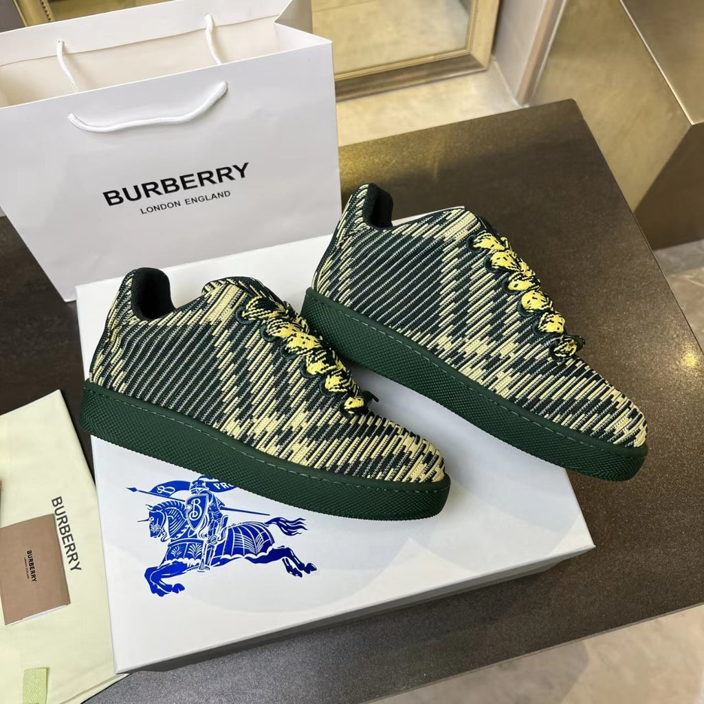 Burberry knit sneakers, dark green with yellow print and textured stripe pattern