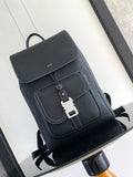 Men’s black leather backpack with front flap, stitched trim, and buckle closure