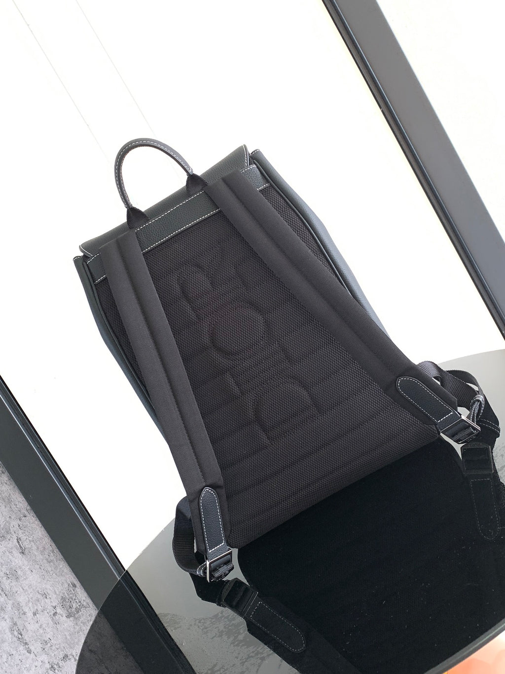 Dior leather backpack interior view with quilted fabric lining and side strap