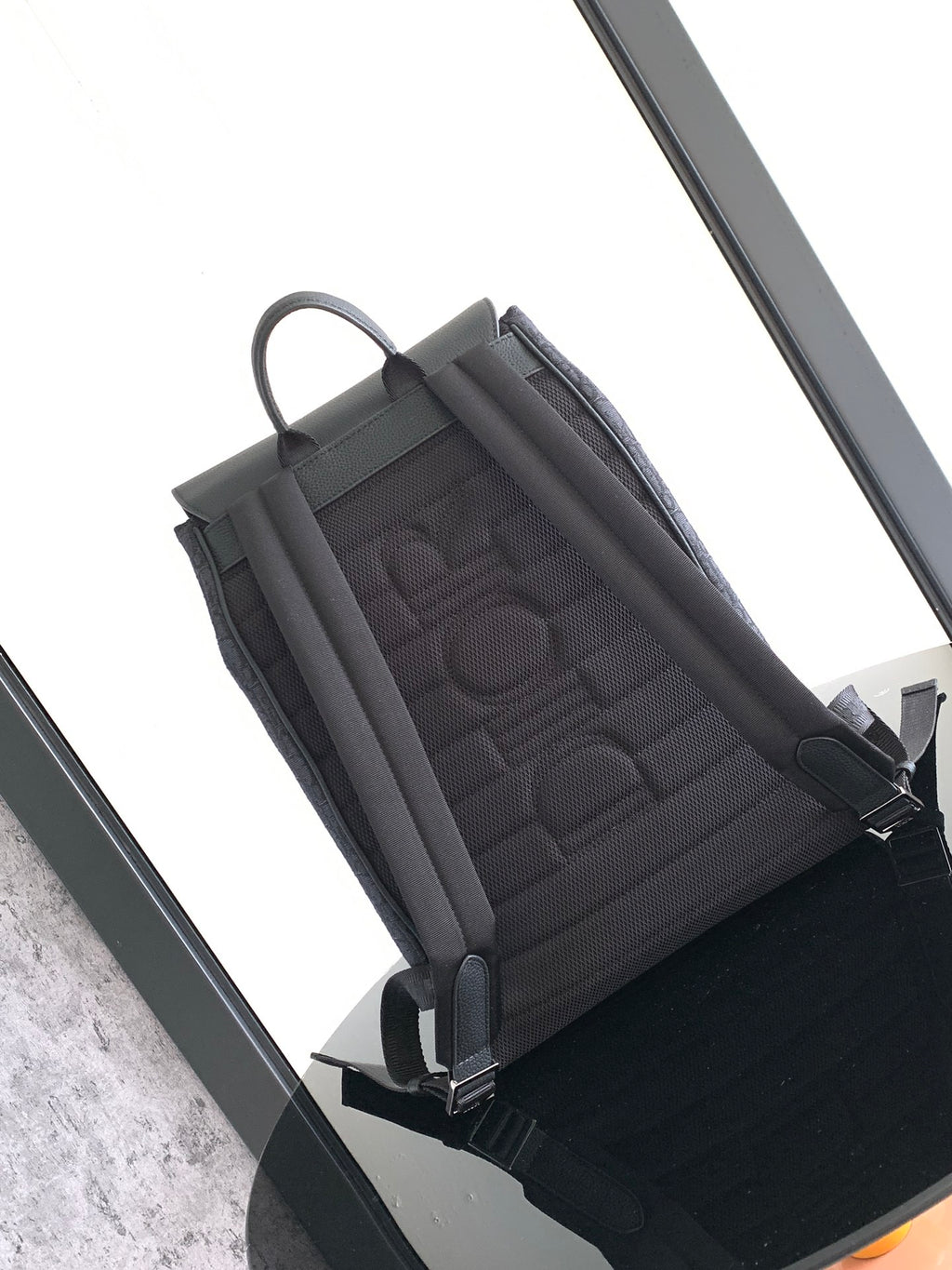 Dior men’s monogram backpack, rear view with padded back panel and strap buckles