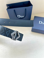 Dark blue belt strap with logo pattern and silver-tone geometric buckle