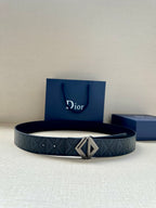 Dior belt with dark blue patterned strap and silver-tone geometric D buckle