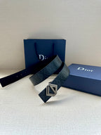 Leather belt with dark blue patterned strap and large silver-tone buckle