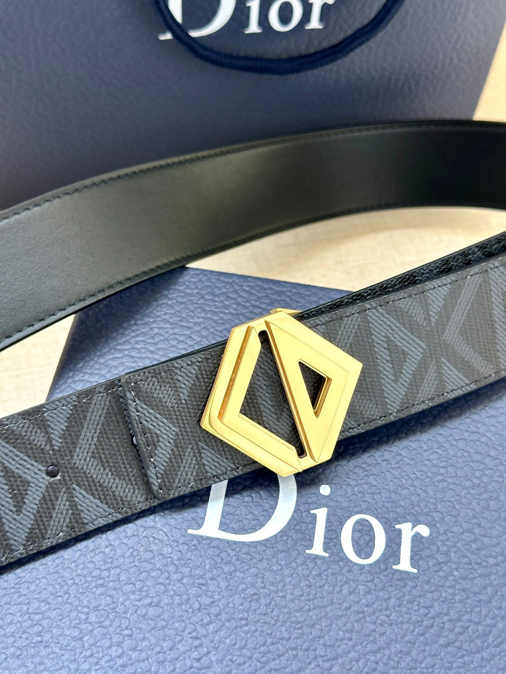 Dior belt strap detail with textured pattern and gold-tone LV buckle