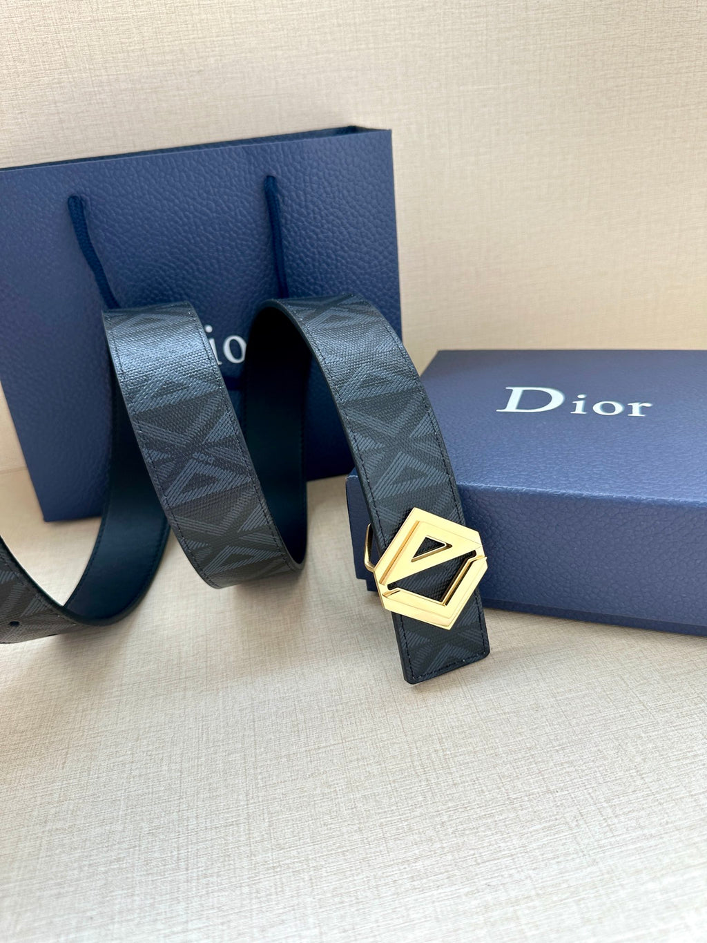 Dior belt with dark patterned strap and gold-tone LV buckle