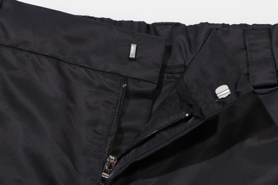 Prada black cargo shorts front zipper and elastic waistband detail