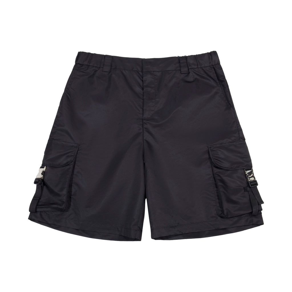 Prada black cargo shorts with elastic waistband, zip fly, and side cargo pockets