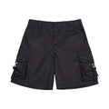 Prada black cargo shorts with elastic waistband, zip fly, and side cargo pockets