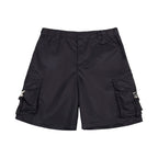 Prada black cargo shorts with elastic waistband, zip fly, and side cargo pockets
