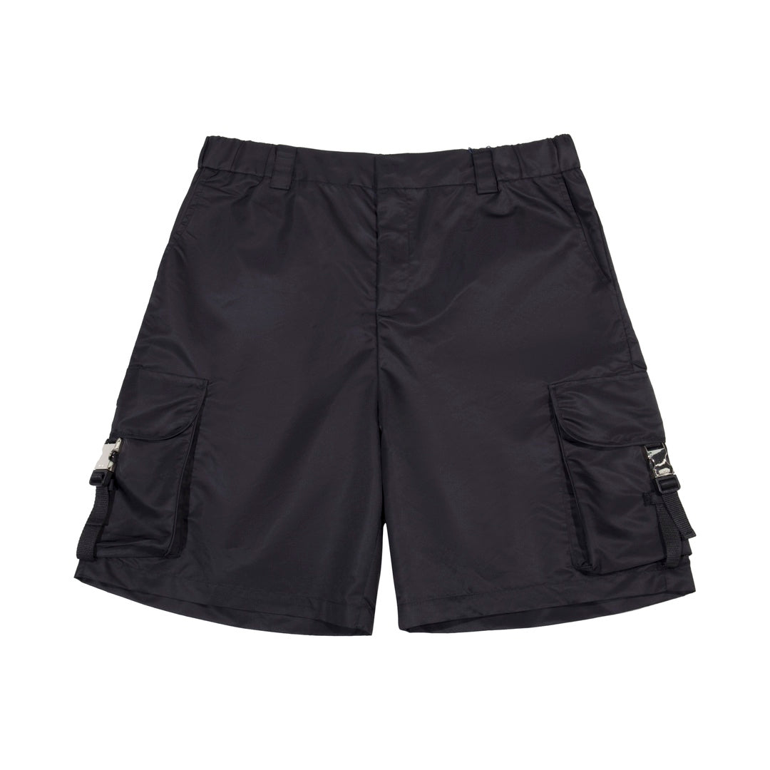 Prada black cargo shorts with elastic waistband, zip fly, and side cargo pockets