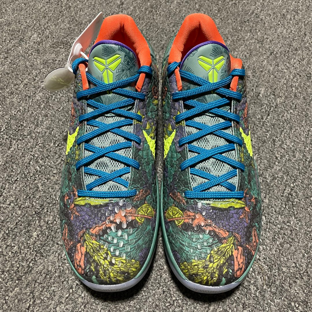 Nike Zoom Kobe 6 basketball shoes, green multicolor upper with blue laces and neon-yellow Swoosh