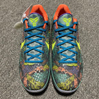 Nike Zoom Kobe 6 basketball shoes, green multicolor upper with blue laces and neon-yellow Swoosh