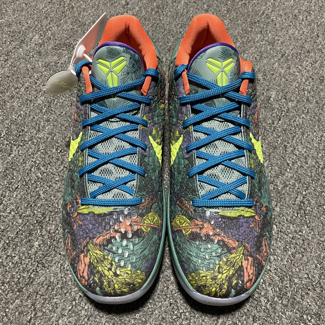 Nike Zoom Kobe 6 basketball shoes, green multicolor upper with blue laces and neon-yellow Swoosh