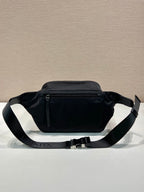 Prada black nylon waist bag with dual compartments and adjustable belt strap