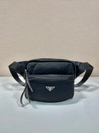 Prada black nylon belt bag with front zip pocket and adjustable strap