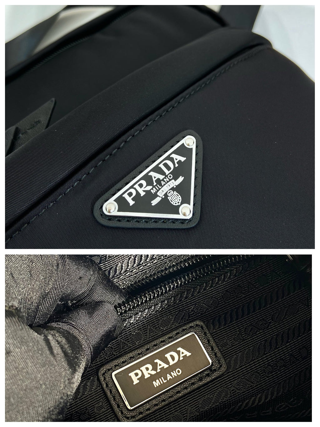 Prada logo patch close-up on black nylon bag with triangular metal and leather labels