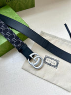 Gucci belt side view: silver double-G buckle on dark navy leather strap