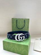 Gucci belt, dark navy GG canvas strap with silver double-G buckle