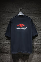 Balenciaga T-shirt with dark navy back featuring red logo and balenciaga text