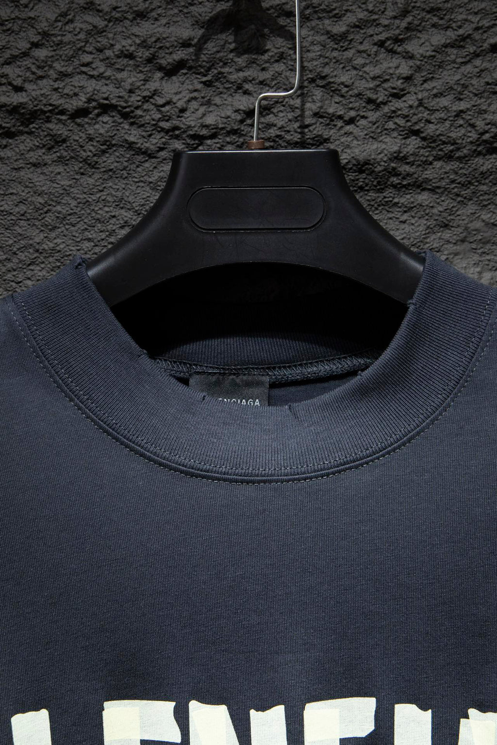 Balenciaga T-shirt collar area in dark navy with clean ribbed crew neckline