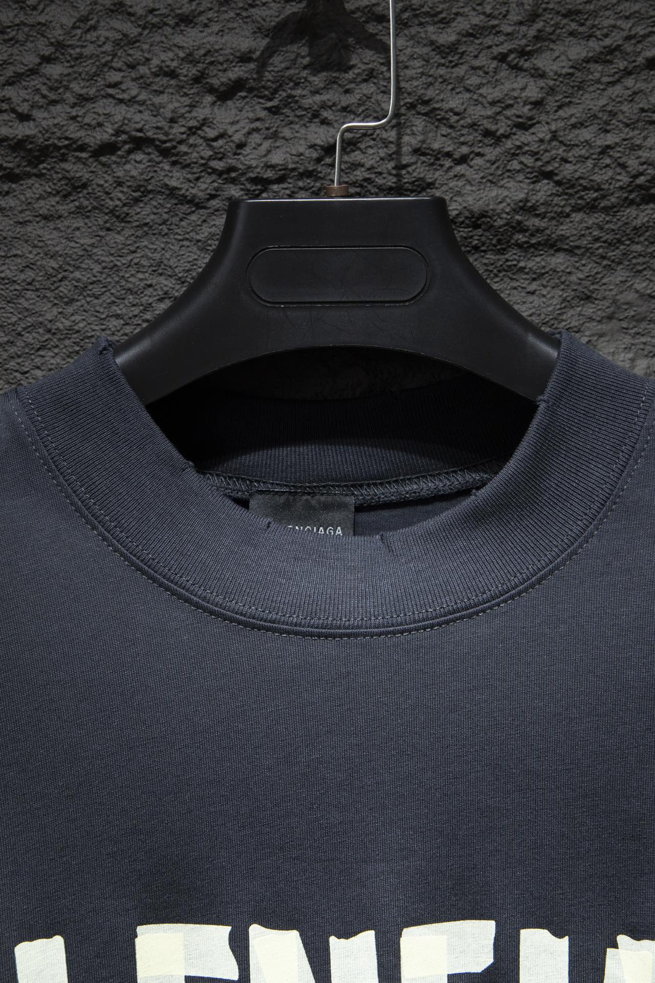 Balenciaga T-shirt collar area in dark navy with clean ribbed crew neckline