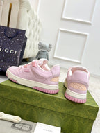 Pink Gucci sneakers, back and side view with cushioned heel and chunky sole