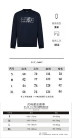 Navy crewneck sweatshirt with front graphic, shown with size chart