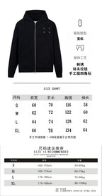 Black zip-up hoodie size chart with front and back views