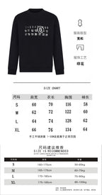 Sweatshirt size chart table with measurements and sizing notes