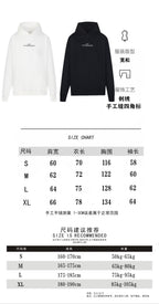Hoodie size chart diagram with measurements for S to XL