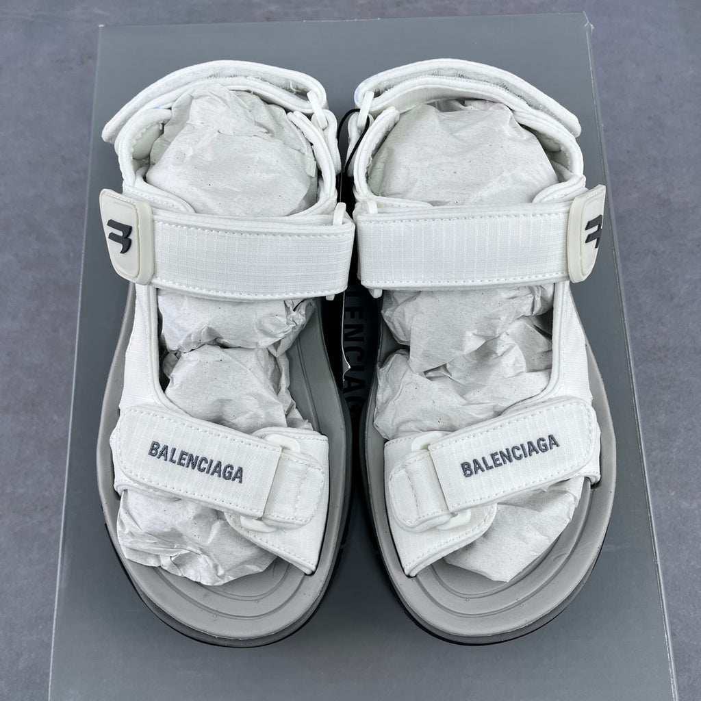 Balenciaga unisex white sandals side view with double straps and logo patches