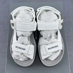 Balenciaga unisex white sandals side view with double straps and logo patches