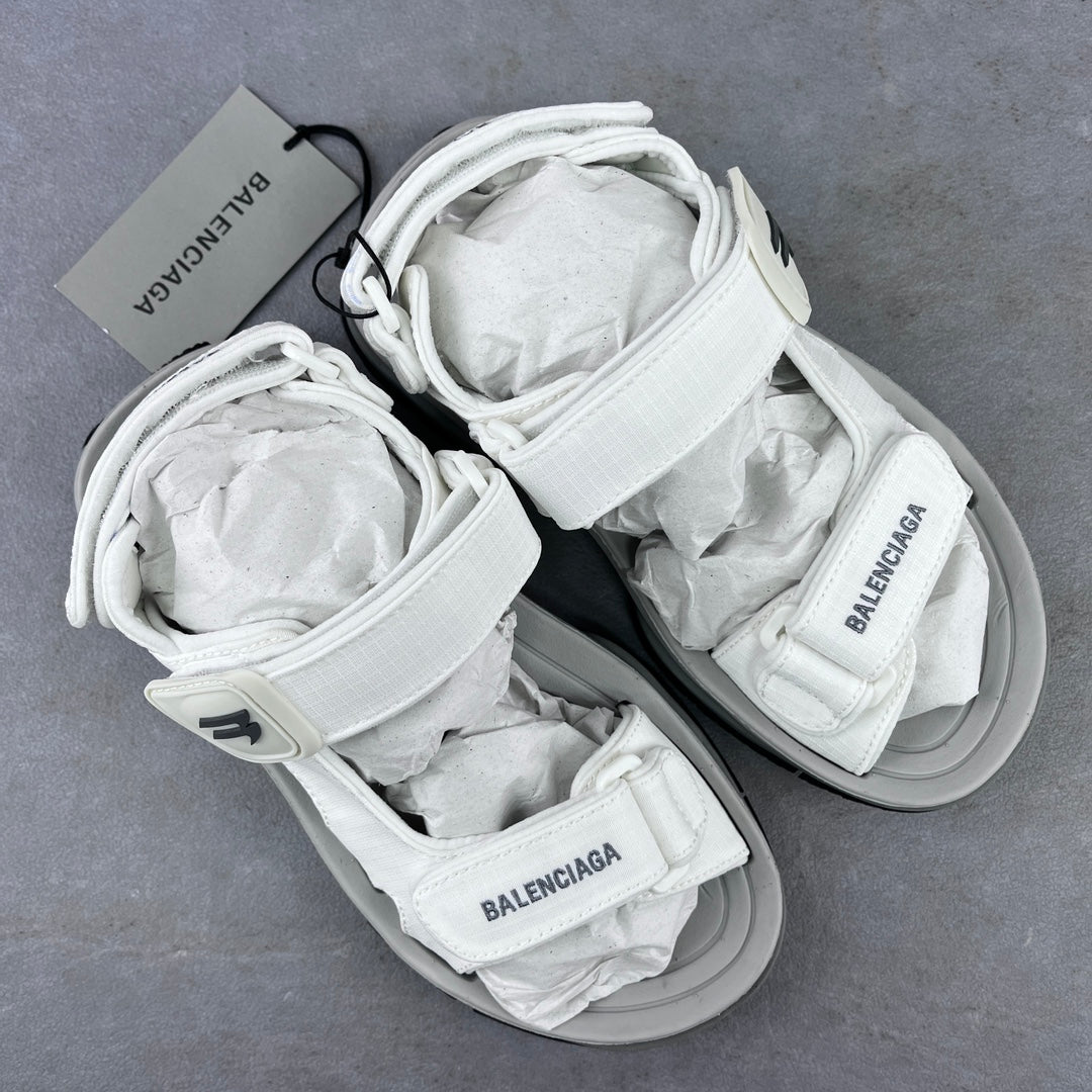 Balenciaga unisex white strap sandals with crisscross laces and logo on straps